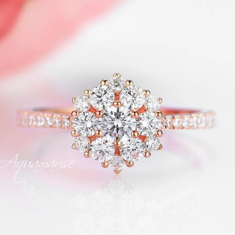 Inset gem ring-Snowflake Engagement ring- 14K Solid Rose Gold