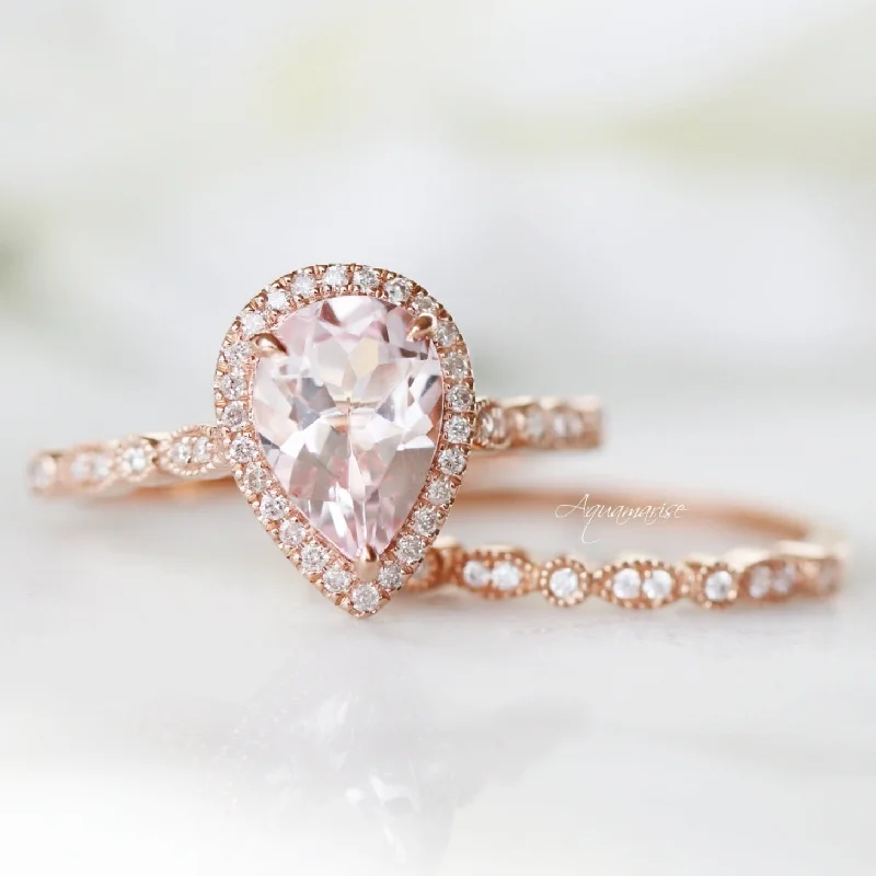 Gentle flow ring-Luxe Teardrop Morganite Engagement Ring- 14K Solid Rose Gold