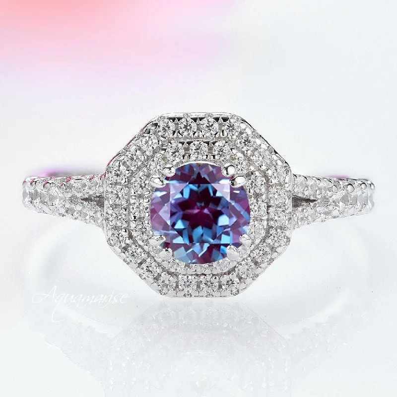 Cast silver ring-Hexagon Teal & Purple Alexandrite Engagement Ring- 14K White Gold