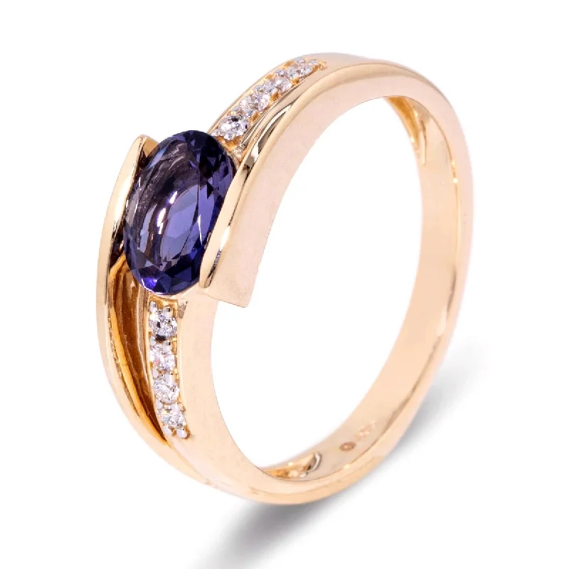 Recessed stone ring-14k Yellow Gold Iolite and Diamond Ring