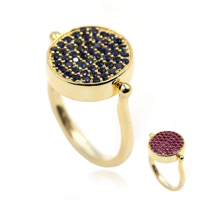 Recessed stone ring-14k Yellow Gold Ruby and Blue Sapphire Reversible Ring