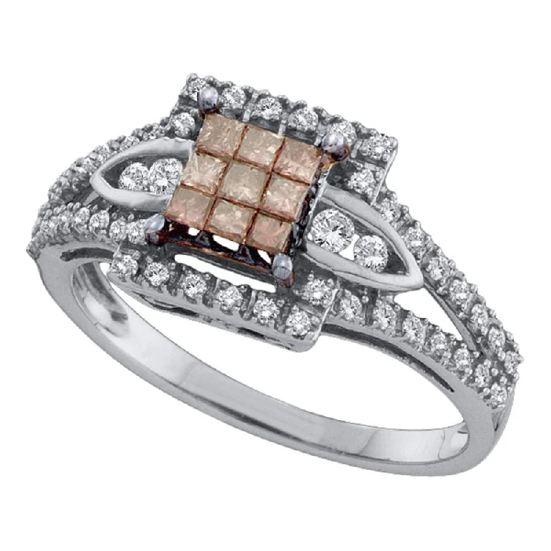 Spike motif ring-14kt White Gold Womens Princess Brown Diamond Square Cluster Ring 1/2 Cttw