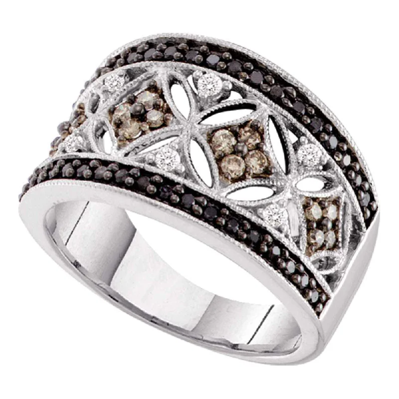 Fine braid ring-14kt White Gold Womens Round Black Brown Diamond Band Ring 1/2 Cttw