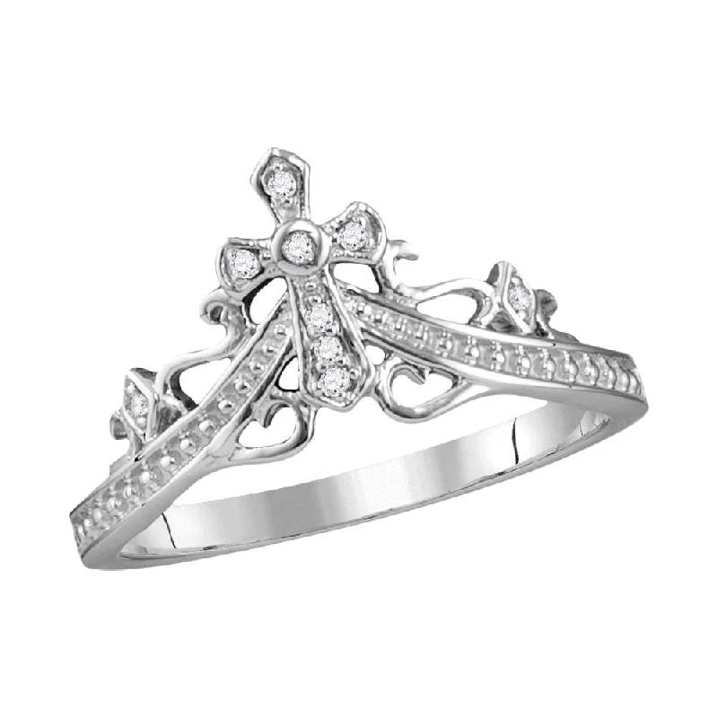 Ripple motif ring-14kt White Gold Womens Round Diamond Cross Crown Tiara Band Ring 1/20 Cttw