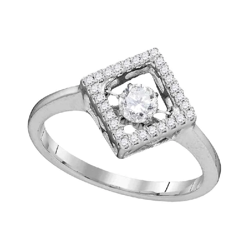 Stout-band ring-14kt White Gold Womens Round Diamond Moving Twinkle Solitaire Diagonal Square Ring 1/5 Cttw