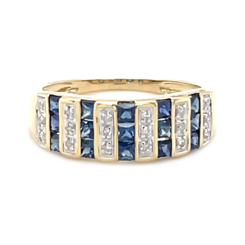 Inset gem ring-14Kt Yellow Gold Blue Sapphire and Diamond Band Ring