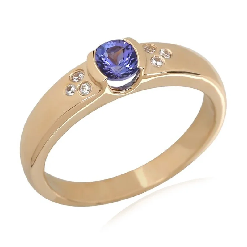 Scored band ring-14Kt Yellow Gold Tanzanite and White Natural Zircon Ring