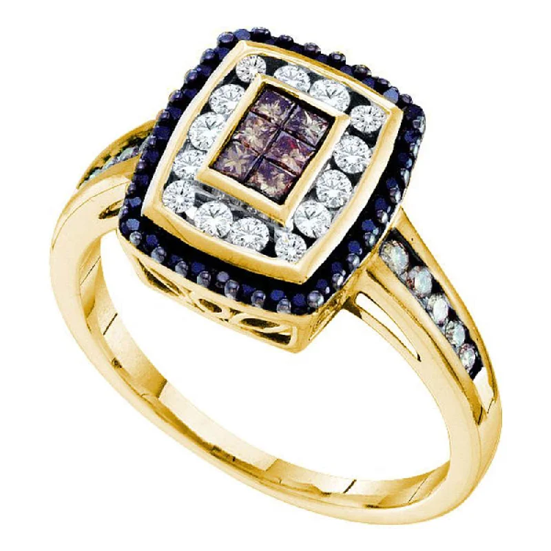 Connected band ring-14kt Yellow Gold Womens Princess Brown Black Color Enhanced Diamond Cluster Ring 1/2 Cttw