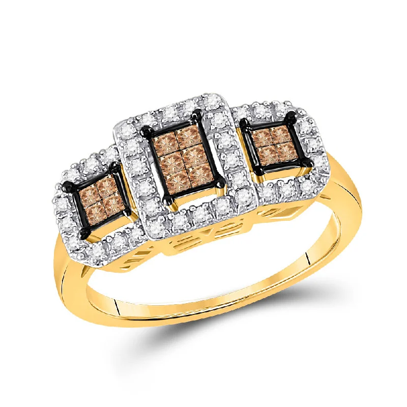 Open-shadow ring-14kt Yellow Gold Womens Princess Brown Diamond Triple Cluster Ring 3/8 Cttw