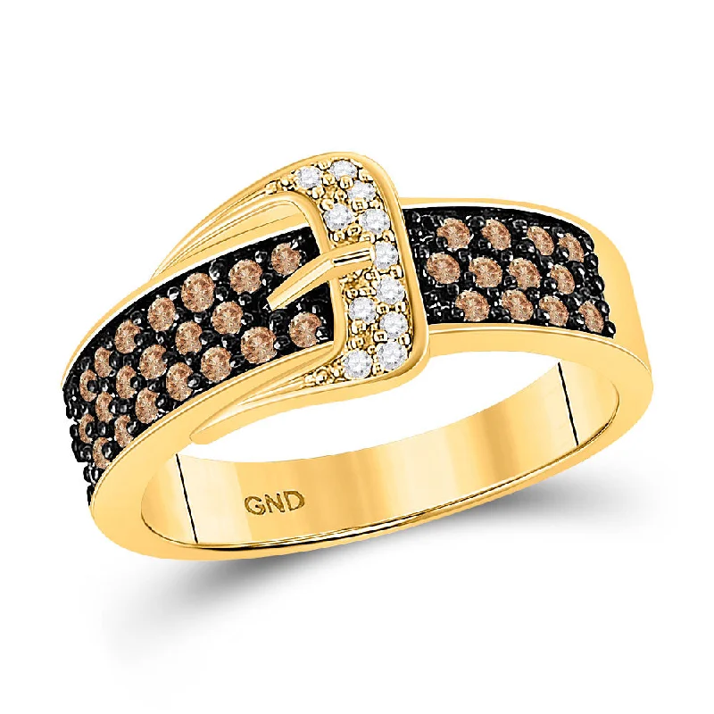 Thick pave ring-14kt Yellow Gold Womens Round Brown Diamond Belt Buckle Band Ring 1/2 Cttw