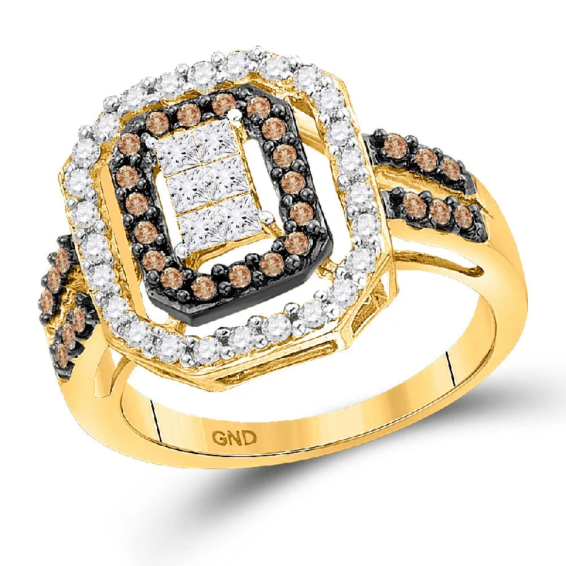 Smooth-cut ring-14kt Yellow Gold Womens Round Brown Diamond Rectangle Cluster Ring 3/4 Cttw