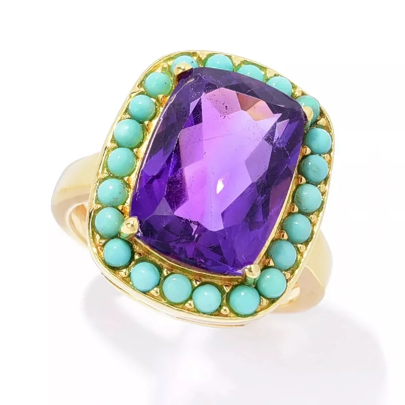 Curved gem ring-18k Yellow Gold Over Sterling Silver, African Amethyst and Campitos Turquoise Gemstone Classic Ring