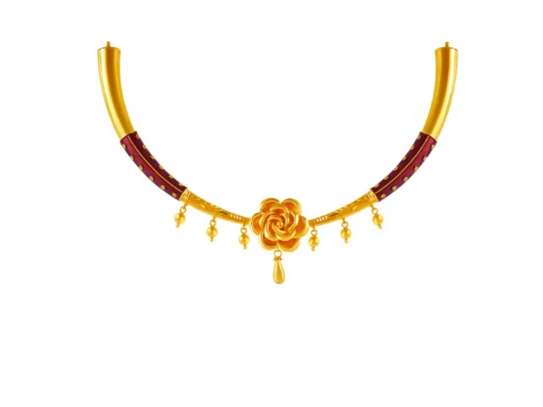 Held stone necklace-22k Flower Shaped Choker Necklace With A Dash Of Maroon Design.