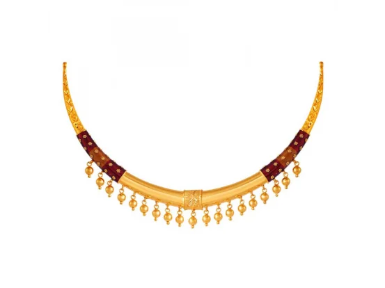 Paneled chain necklace-22k Gold Choker Necklace With Small Hanging Beads And Maroon Detailing