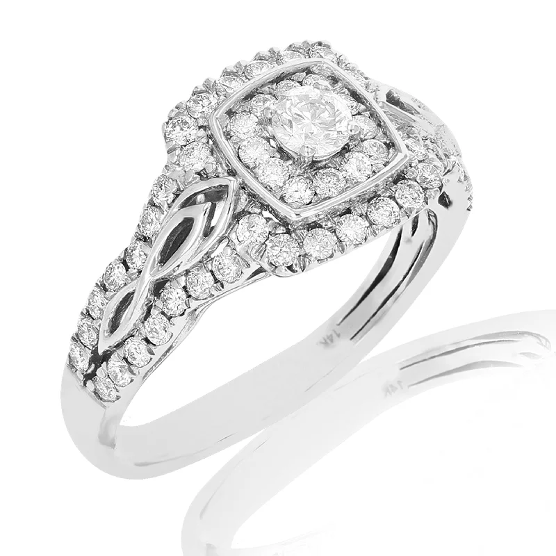 Flowing design ring-3/4 cttw Diamond Engagement Ring 14K White Gold Halo Composite Prong Set