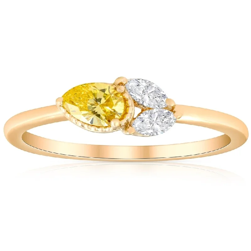 Scored band ring-3/8Ct Fancy Yellow Pear & Marquise Shape Diamond Ring Yellow Gold Lab Grown