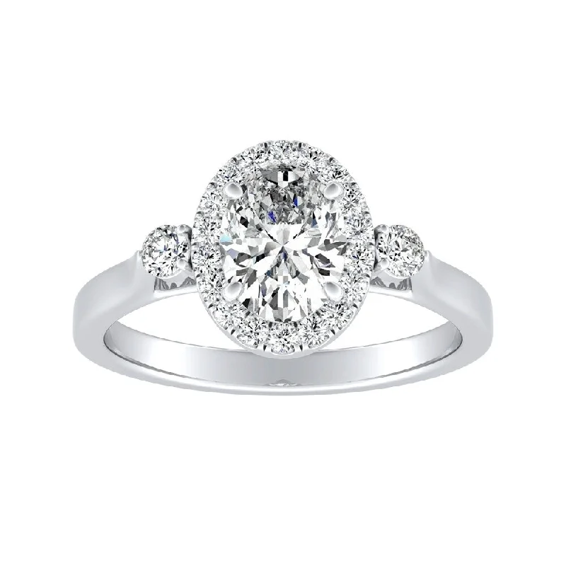 Shiny rhodium ring-3-stone Halo Oval Diamond Engagement Ring 3/4ctw 18k Gold by Auriya (H-I, SI1-SI2)