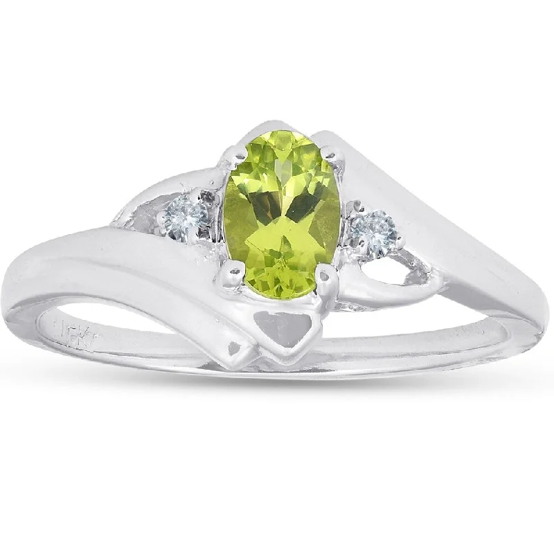 Bold quartzite ring-5/8ct Oval Peridot & Diamond Ring 14K White Gold