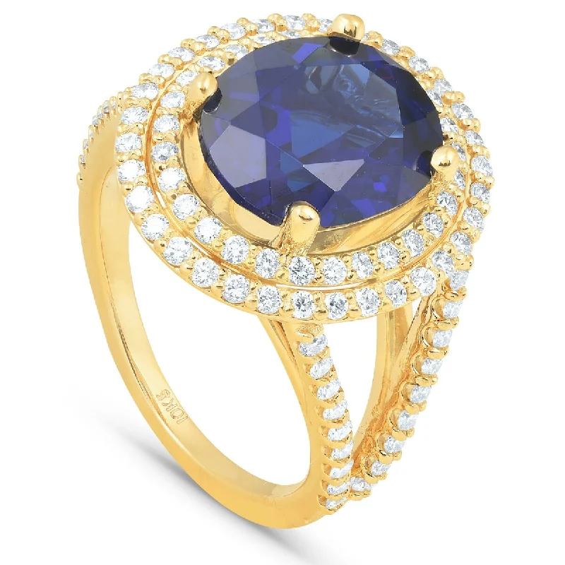 Streamlined design ring-6 1/5 Ct Huge Diamond Oval Blue Sapphire Diamond Double Halo Ring Yellow Gold