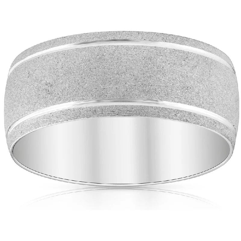 Offset band ring-8mm 14k White Gold Brushed Two Line Ring Mens Wedding Band