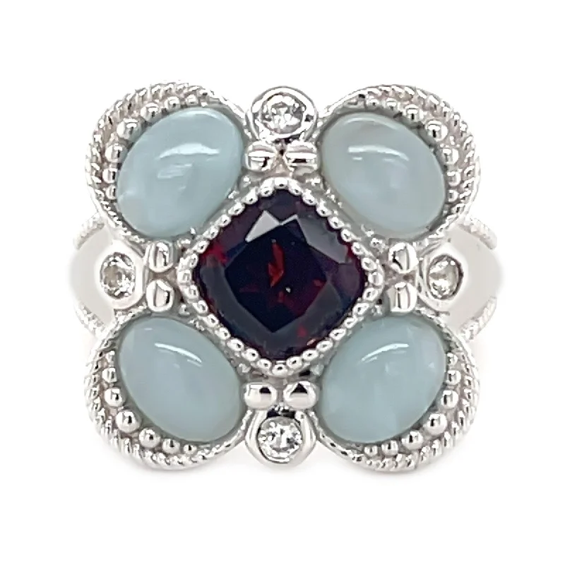 Polished cobalt ring-925 Sterling Silver Milky Aquamarine,Red Garnet,White Topaz Ring