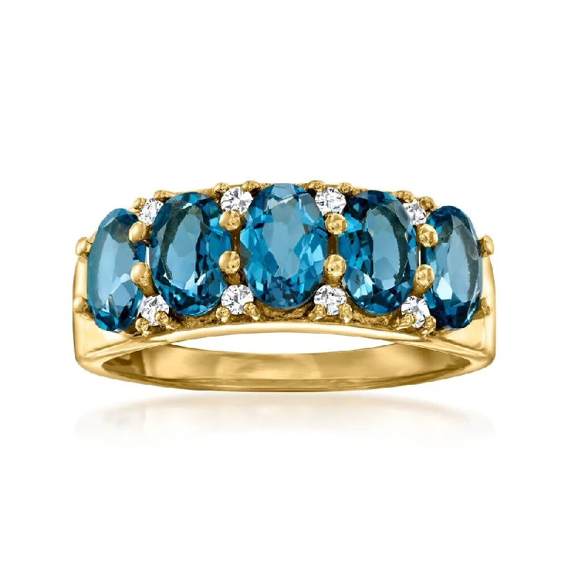 Paneled band ring-925 Sterling Silver Over yellow Gold Plated London Blue Topaz With White Zircon Gemstone Ring