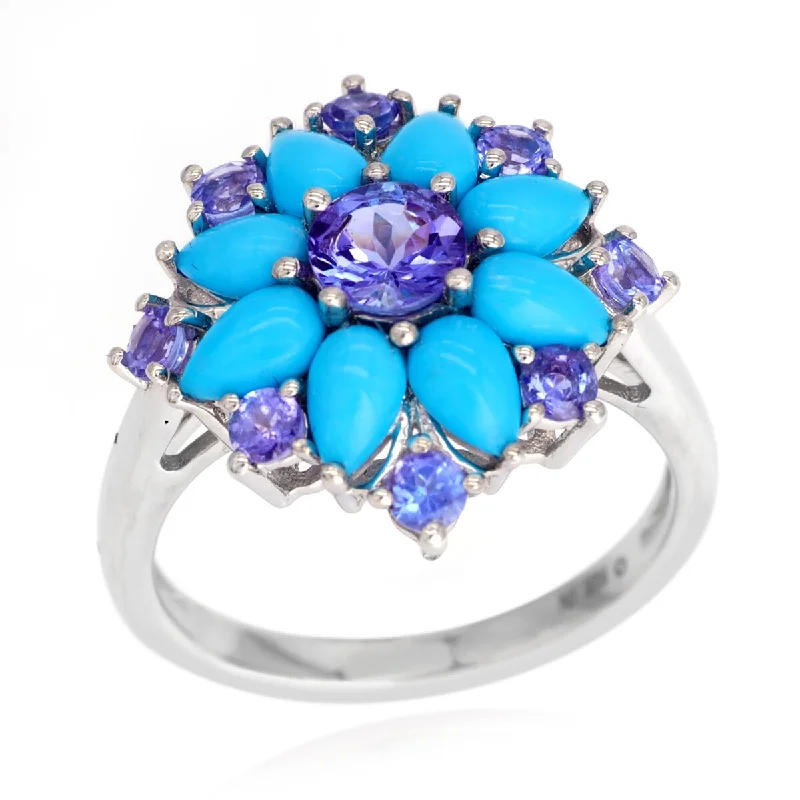 Radiant iolite ring-925 Sterling Silver Tanzanite And Sleeping Beauty Turquoise Gemstone Cluster Rings