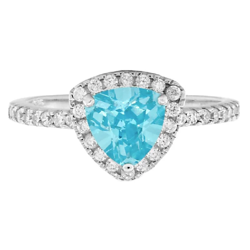 Layered birthstone ring-Acotas E: 1.51ct Aquamarine Ice CZ Trillion-cut & Halo Engagement Ring