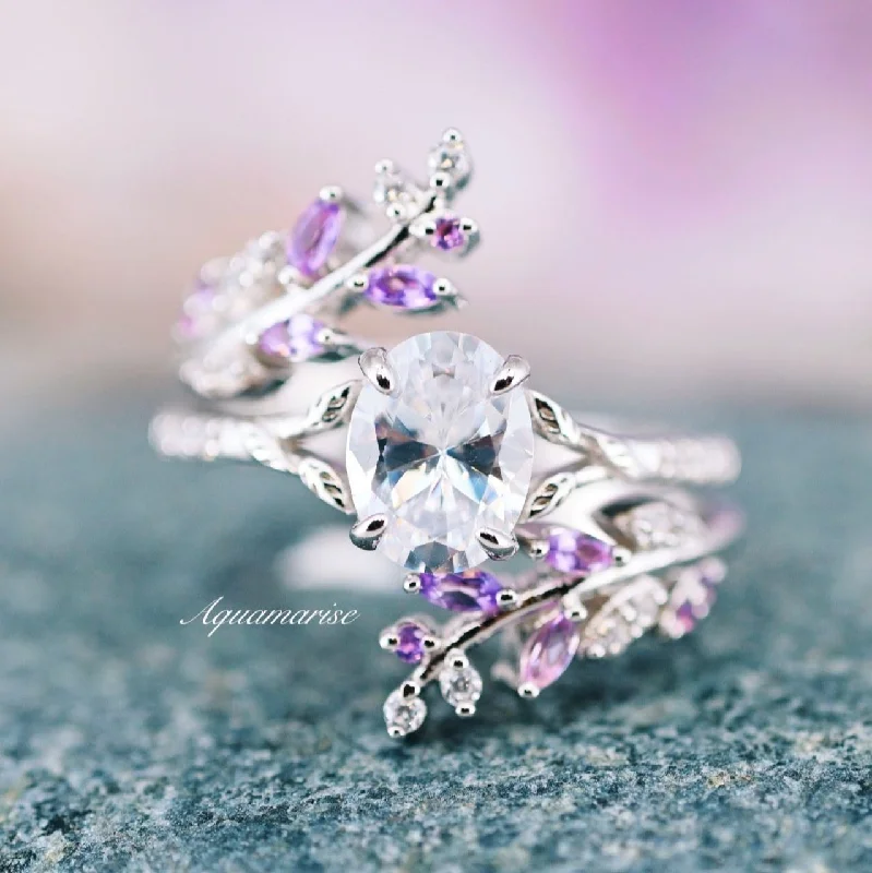 Octagon gem ring-Fairy Amethyst & Diamond Engagement Leaf Ring Set- 925 Sterling Silver