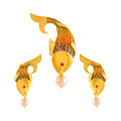 Cool topaz necklace-Aquatic 22k Gold Jewellery Set In Fish Shape Adorned With A Pearl