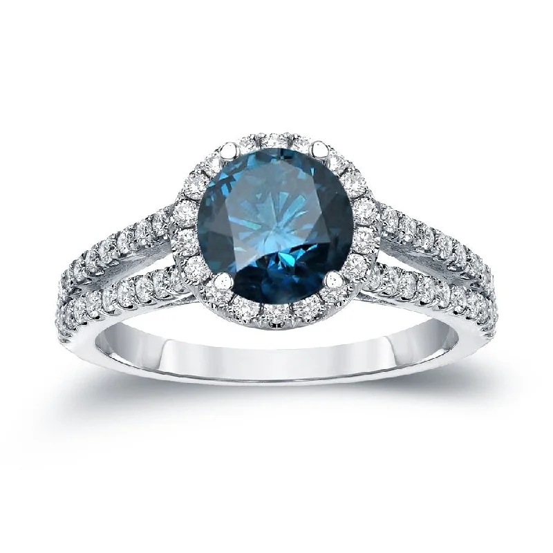 Arching ridge ring-Auriya 1 1/3ctw Round Halo Blue Diamond Engagement Ring 14k Gold