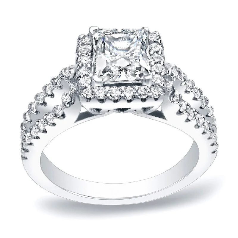 Bendable stone ring-Auriya 1 3/4ctw Princess-Cut Halo Diamond Engagement Ring Platinum Certified