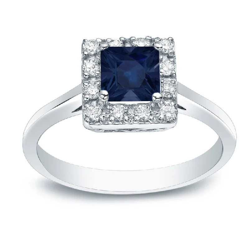 Carved initial ring-Auriya 14k Gold 1/3ct Princess-cut Sapphire and Diamond Halo Engagement Ring 1/5ctw