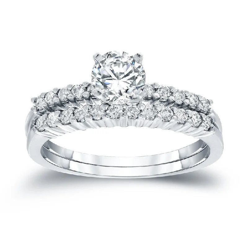 Tide-wave ring-Auriya 1ct TW Round Moissanite and 1/3ct TDW Diamond Engagement Ring Set 14K Gold