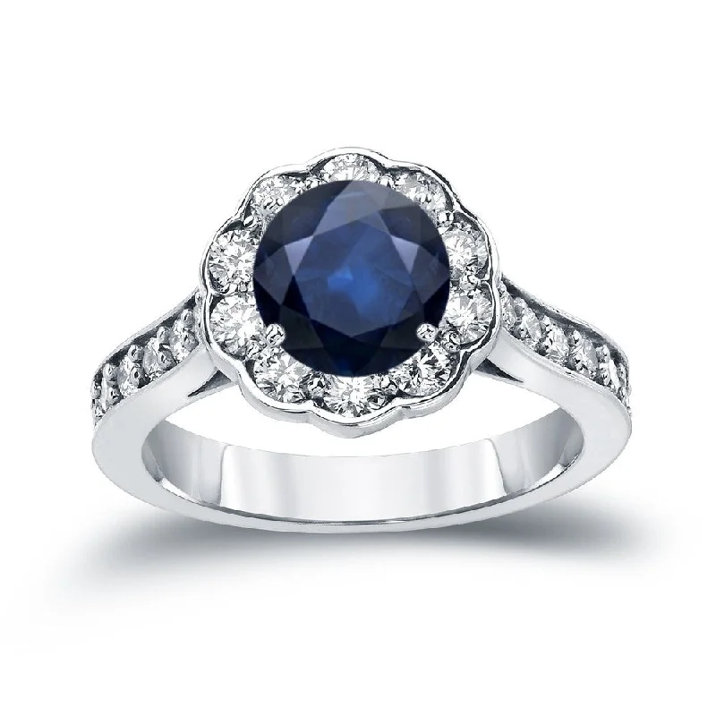 Leafy cluster ring-Auriya 3/4ct Blue Sapphire Gemstone and 1ctw Halo Diamond Engagement Ring 14K Gold (H-I, SI1-SI2)