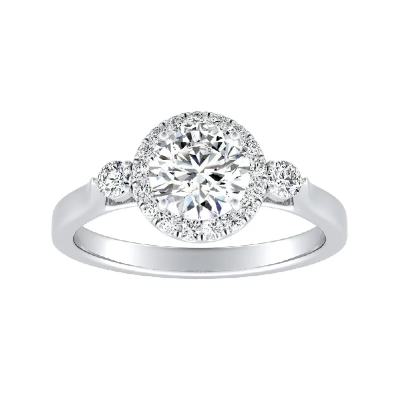 Woven thread ring-Auriya 3-Stone 1 1/2ct Round Moissanite and 1/4ct TDW Diamond Halo Engagement Ring 14K Gold (G-H, VS1-VS2)