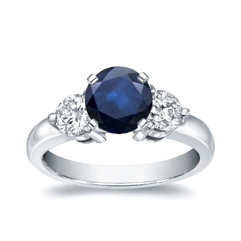 Recessed stone ring-Auriya 3-Stone 3/4ct Round Sapphire and 3/4cttw Diamond Engagement Ring 14k White Gold (H-I, I1-I2)