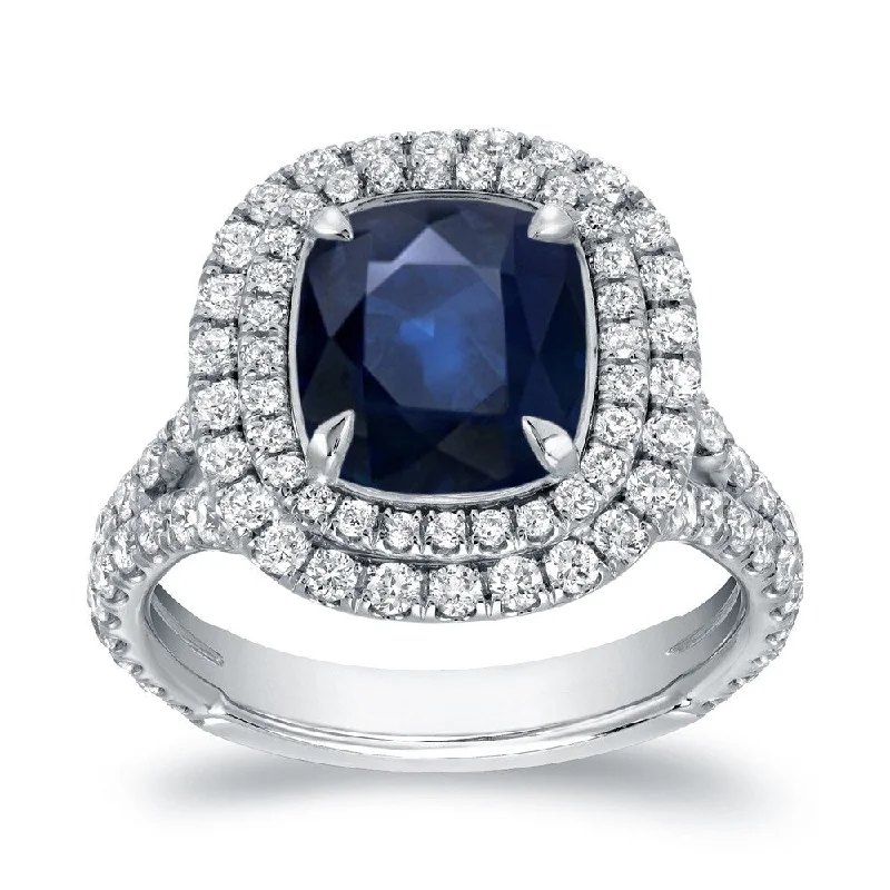 Vivid gem ring-Auriya 3ct Cushion Cut Blue Sapphire and 1 1/5ctw Halo Diamond Engagement Ring 18K Gold