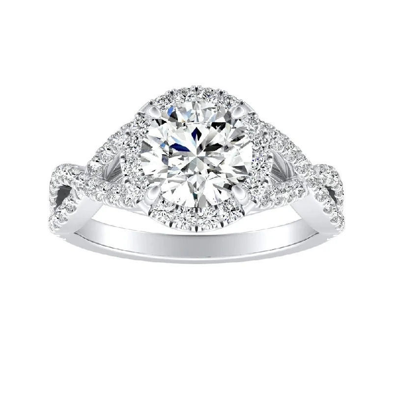 Curved gem ring-Auriya Infinity Round1 1/2ct Moissanite and 1/2ctw Diamond Halo Engagement Ring 14K Gold