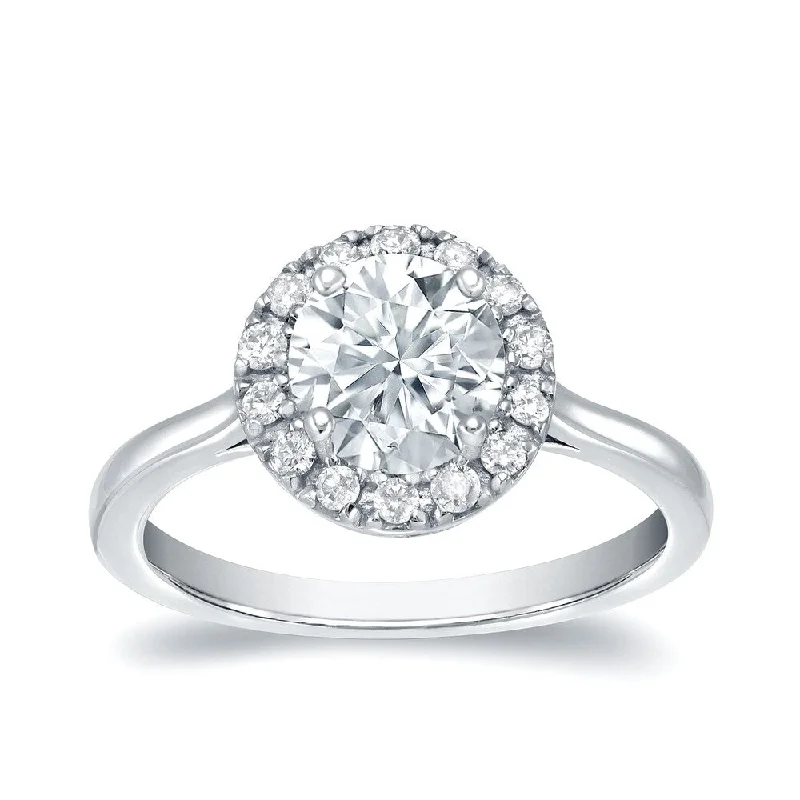 Slim-band ring-Auriya Round 1ct Moissanite and 1/3ctw Halo Diamond Engagement Ring 14K Gold