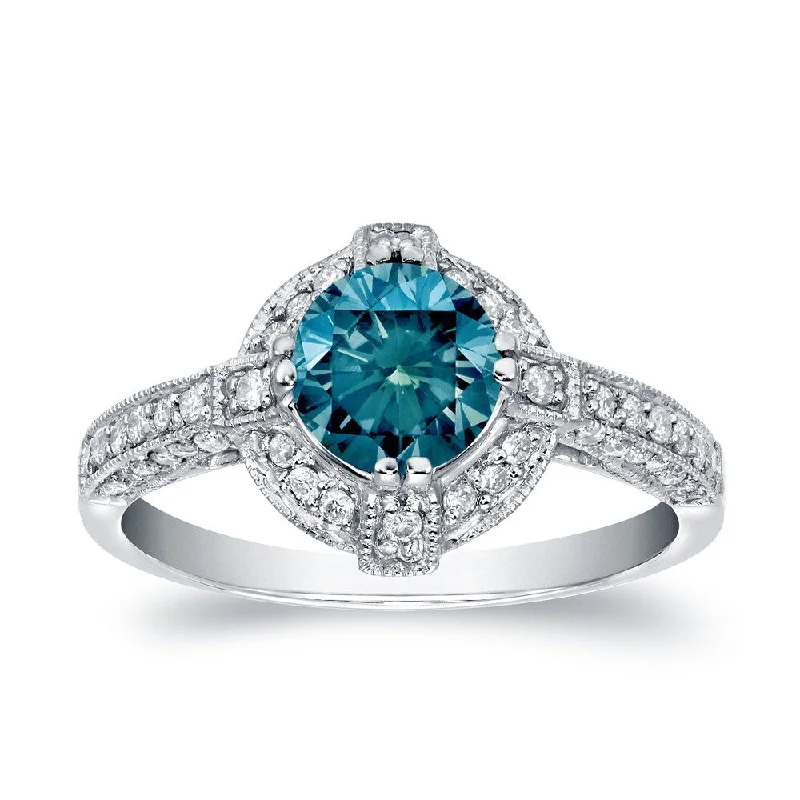 Shiny rhodium ring-Auriya Unique 1 3/4ct TDW Blue Diamond Halo Engagement Ring 14k White Gold