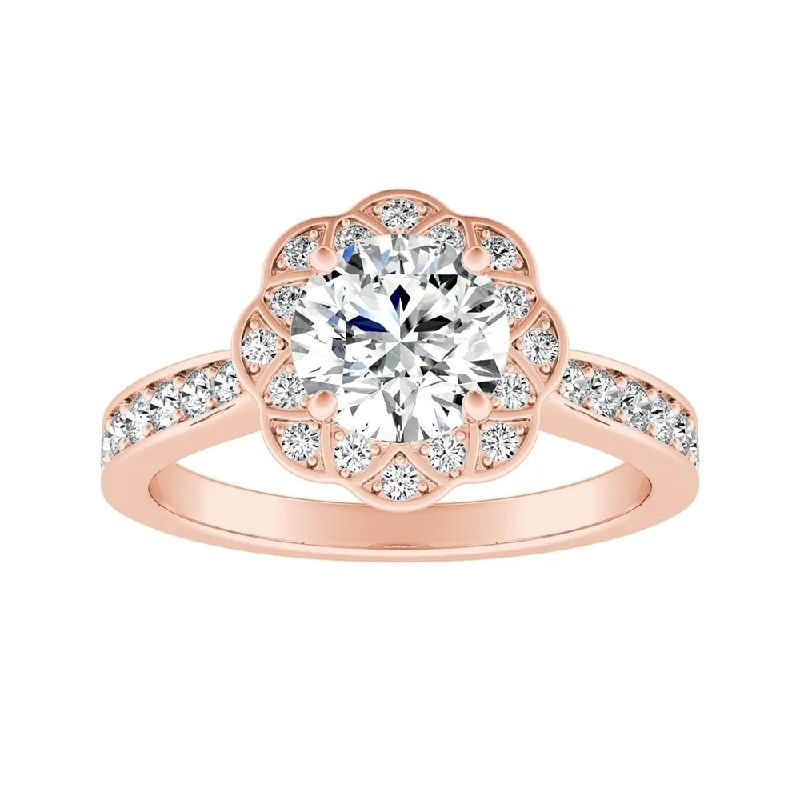 Arching ridge ring-Auriya Vintage 1ct Round Moissanite and 1/3ctw Halo Diamond Engagement Ring 14K Gold