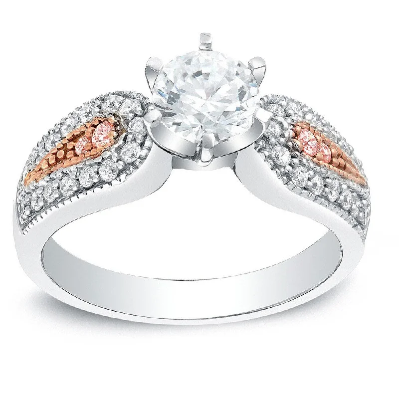 Sprout-bud ring-Auriya Vintage 1ct TDW Round Diamond Engagement Ring with Pink Diamond Accents 14k Two-Tone Gold