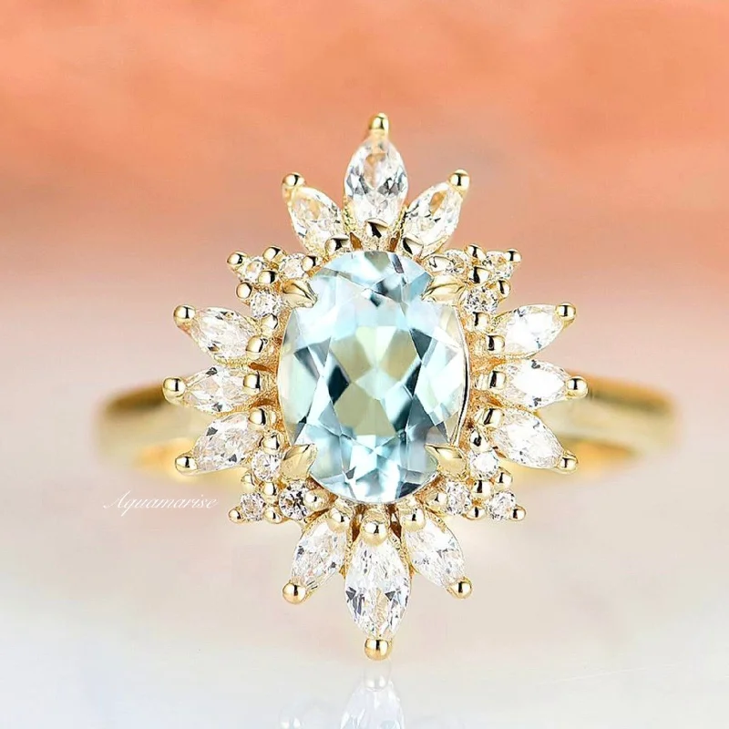 Carved initial ring-Aurora Natural Aquamarine Engagement Ring- 14K Solid Yellow Gold