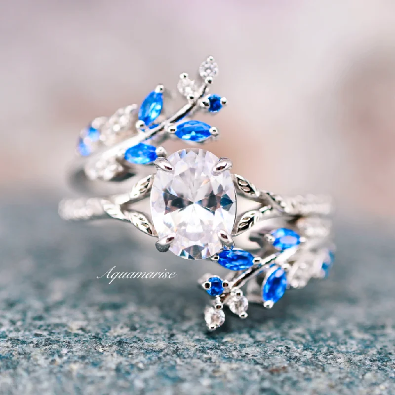 Open-shadow ring-Blue Sapphire & Diamond (cz) Engagement Leaf Ring Set- 925 Sterling Silver