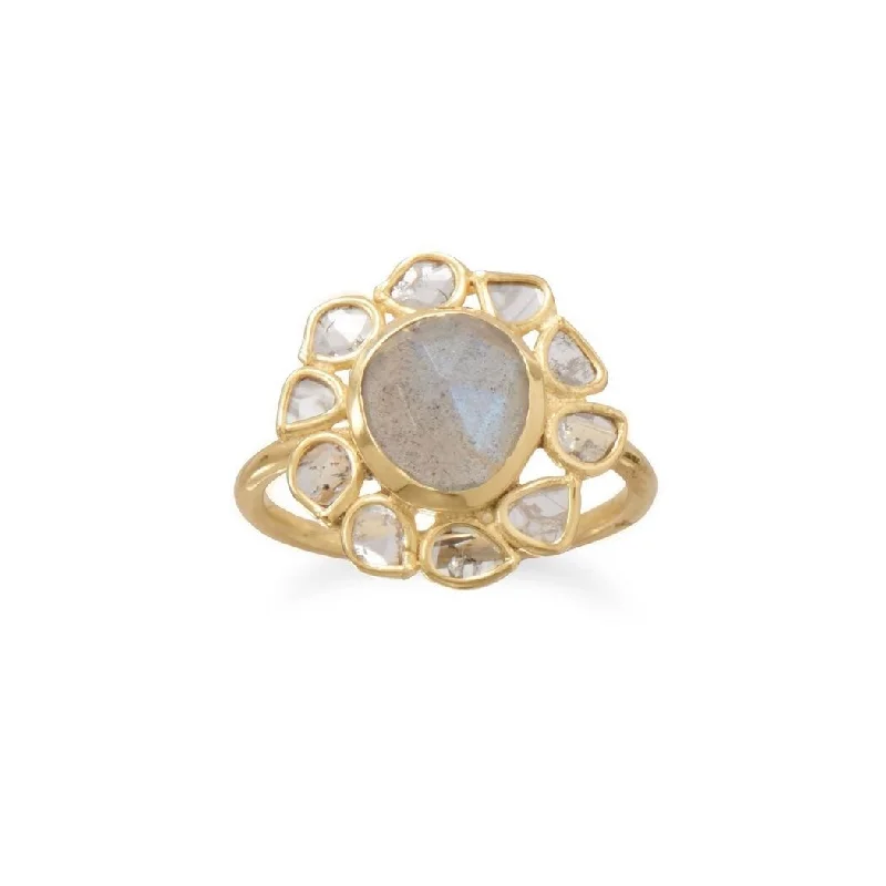 Sparkling silver ring-Curata 14k Gld Plated 925 Sterling Silver Polki Diamond and Labradorite Ring an 8mm X 9mm Freeform at Center F