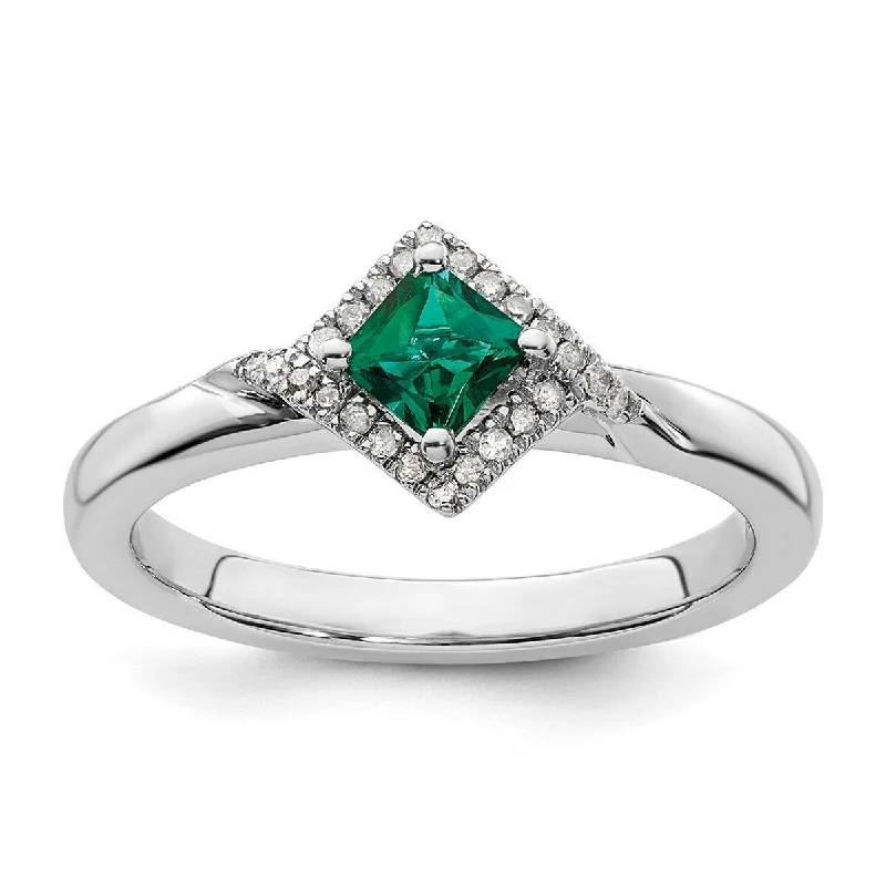 Split-level ring-Curata 2.25mm 925 Sterling Silver Prong set Stackable Expressions Polished Created Emerald and Diamond Ring