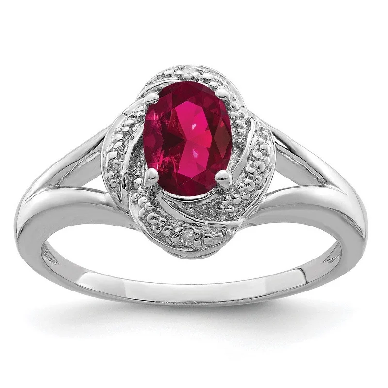 Streamlined design ring-Curata 925 Sterling Silver Oval Polished Diamond and Created Ruby Ring