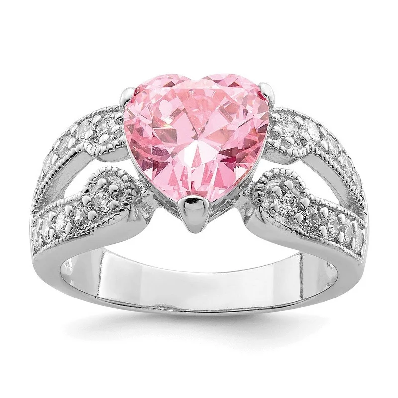 Textured stone ring-Curata 925 Sterling Silver Polished Open back 10mm Pink and Clear CZ Cubic Zirconia Simulated Diamond Love Heart Ring