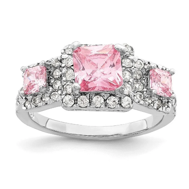 Six-stone ring-Curata 925 Sterling Silver Polished Open back Pink Square CZ Cubic Zirconia Simulated Diamond Ring